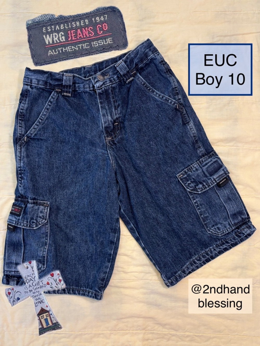 EUC WRG Jeans Co Denim Cargo Shorts, Boy Sz 10 Reg, 100% Cotton, Adj Waist
